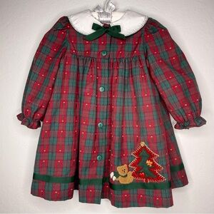 Sophie Rose Plaid Holiday Dress with Bear and Tree Appliqué
